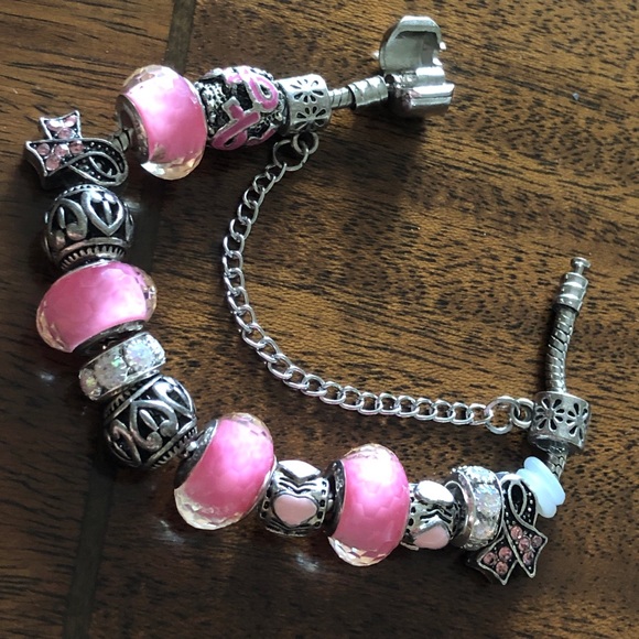 Pink Sterling Silver Bead Charm Breast Cancer Awareness Bracelet - Picture 8 of 12